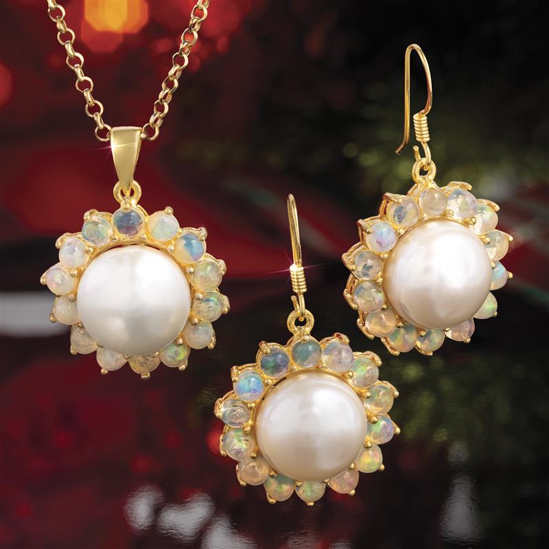 Ethiopian Opal & Pearl Galaxy Pendant, Chain & Earrings